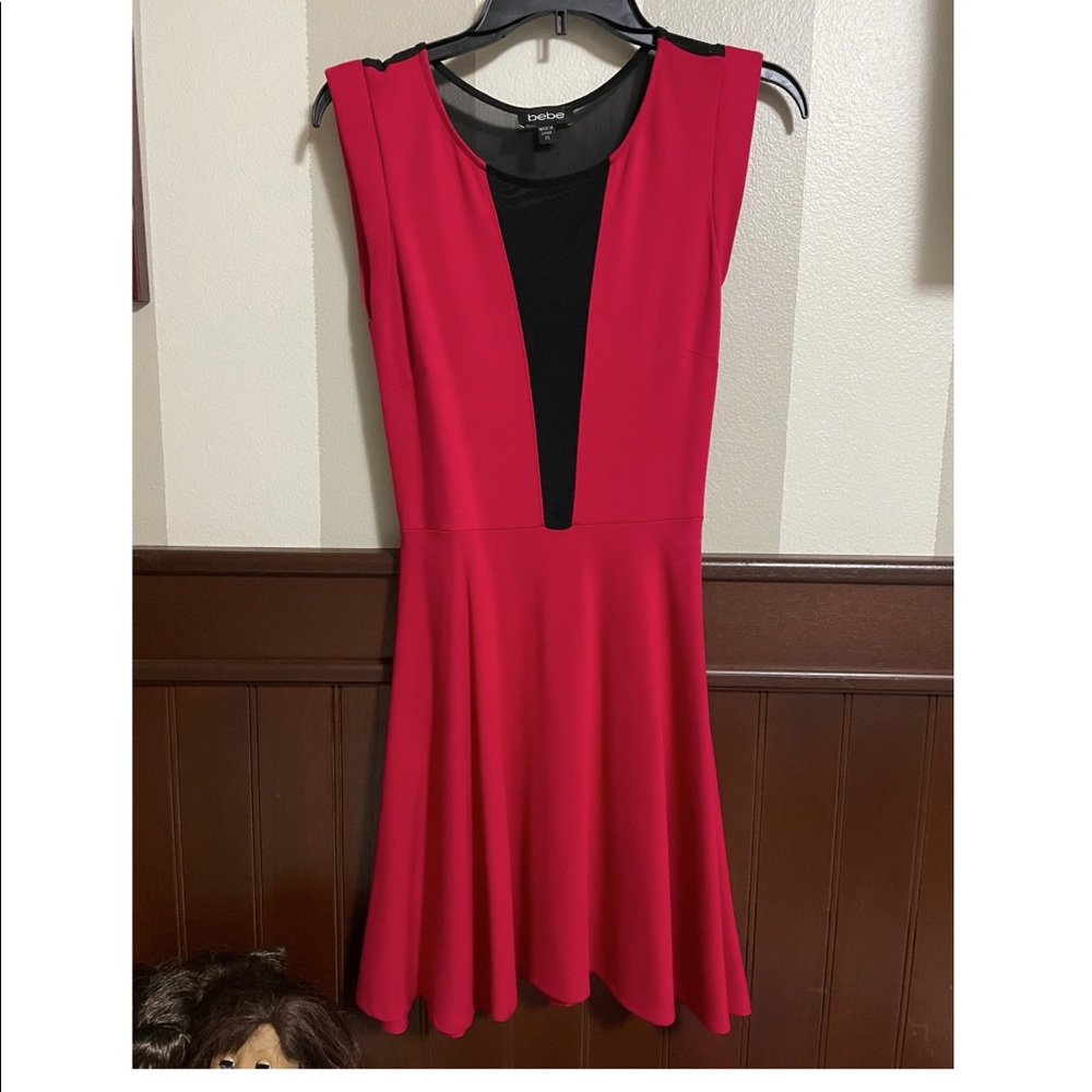 BEBE Maroon Skater Dress with black mesh